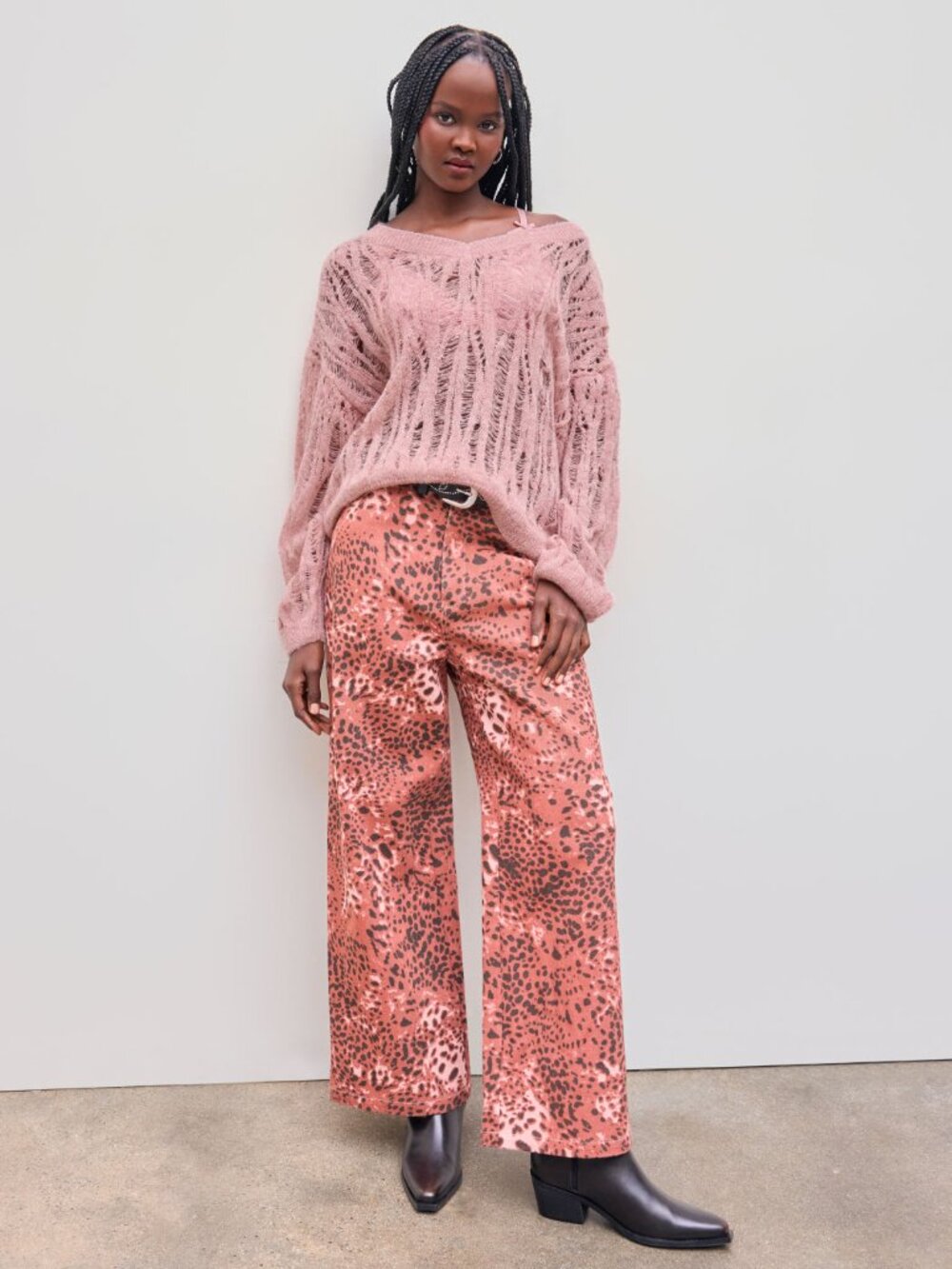 NWT Cider Pink Distressed Open Knit V-Neck Oversized Sweater Size L